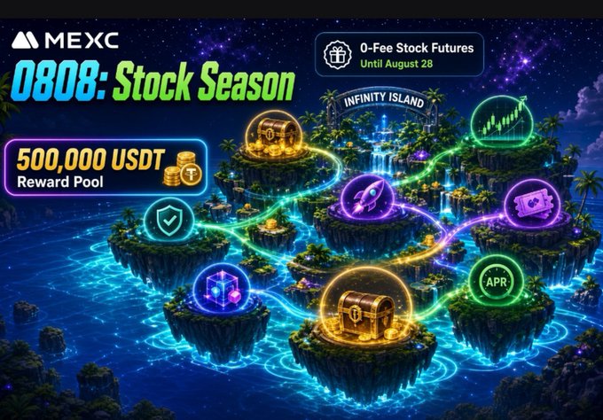 A vibrant, fantasy-themed promotional banner for MEXC's '0808: Stock Season' event, featuring a floating island landscape with treasure chests, a '500,000 USDT Reward Pool', and an 'INFINITY ISLAND' sign.