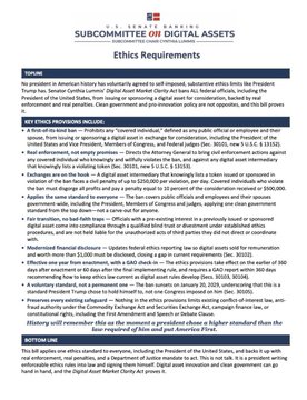 The image is a document from the U.S. House Financial Services Committee on Digital Assets, titled "Ethics Requirements," which outlines key ethics provisions including a 2-year cooling-off period for senior officials from lobbying on digital assets and a permanent ban on unregistered digital asset activities. This supports the accompanying post about President Trump agreeing to historic ethics provisions related to the upcoming Clarity Act.