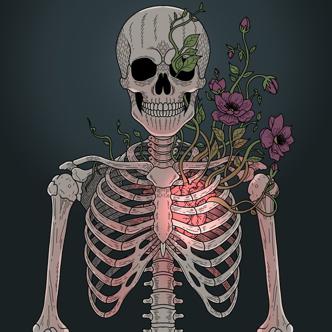 Illustration of a skeleton with vines and purple flowers growing through its ribcage against a dark background.