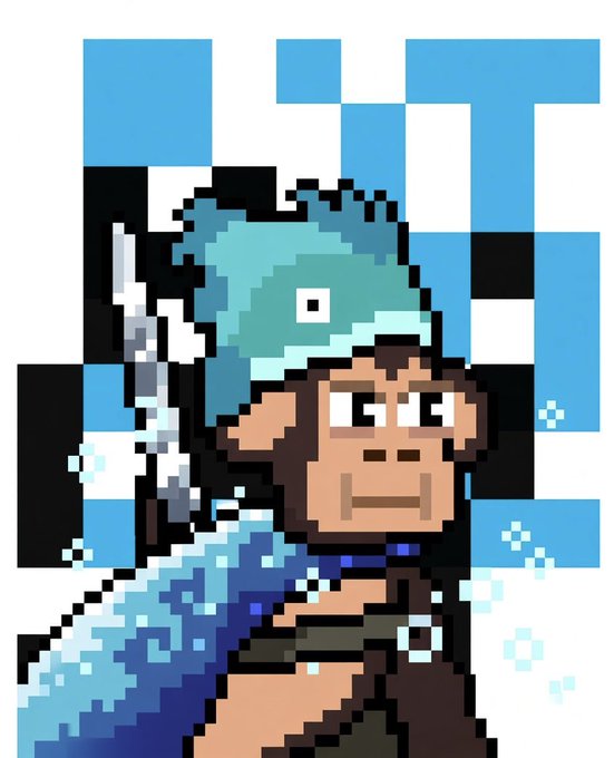A pixel art image depicting a monkey warrior holding a fish, set against a blue and white checkered background.