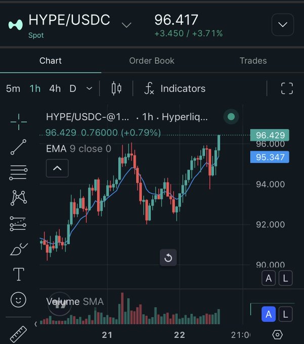 A cryptocurrency trading chart showing HYPE/USDC trading pair with a current price of 96.417, up 3.71%, displaying a 1-hour candlestick chart with EMA 9 indicator on the Hyperliquid platform.