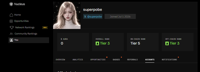 A profile page on the Nucleus platform shows a user named 'superpobe' (@superpobe, joined Jul 1 2026) with AURA balance 0, Overall Rank Tier 3, On-Chain Rank Tier 5, and Off-Chain Rank Tier 3.