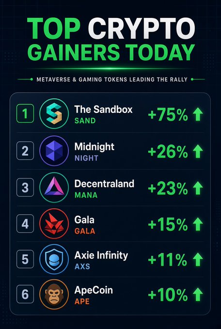 Infographic titled "TOP CRYPTO GAINERS TODAY - METAVERSE & GAMING TOKENS LEADING THE RALLY" listing: 1) The Sandbox (SAND) +75%, 2) Midnight (NIGHT) +26%, 3) Decentraland (MANA) +23%, 4) Gala (GALA) +15%, 5) Axie Infinity (AXS) +11%, and 6) ApeCoin (APE) +10%.