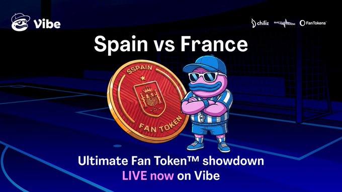 A promotional graphic for a 'Spain vs France Ultimate Fan Token™ showdown' event on the Vibe platform, featuring a Spain Fan Token coin and a blue cartoon mascot character.