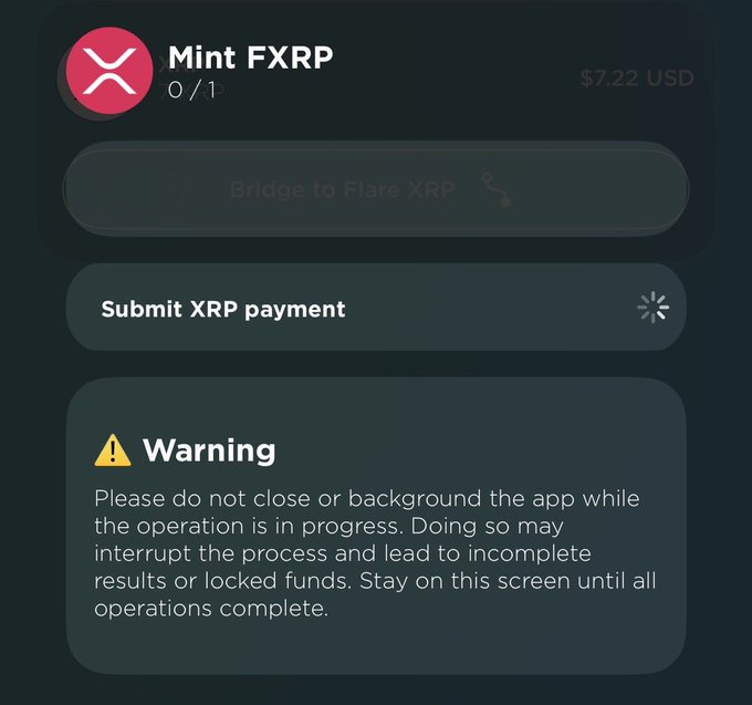 A screenshot of the Oxen Flow wallet showing a "Mint FXRP" interface at $7.22 USD with options to "Bridge to Flare XRP" and "Submit XRP payment," accompanied by a warning not to close the app during the operation—directly demonstrating Oxen Flow's capability to mint FXRP on the Flare Network, supporting the claim that it will become the top wallet on Flare.