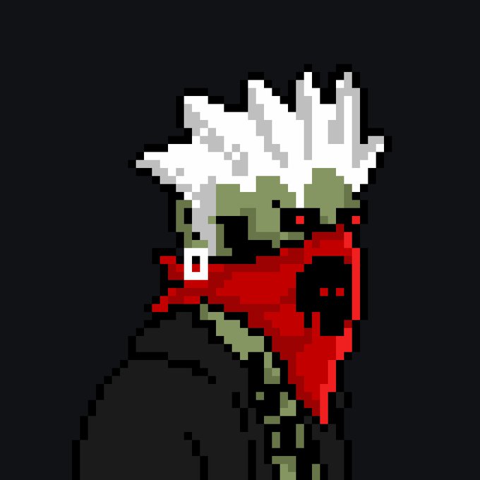 A pixel art image of a stylized green-skinned figure with spiky white hair, wearing a red bandana, set against a dark gray background. The artwork relates to the "Savages Rogue Protocol" NFT collection mentioned in the post, reflecting the edgy, "savage" aesthetic of the 1/1 free mint piece on Ethereum.