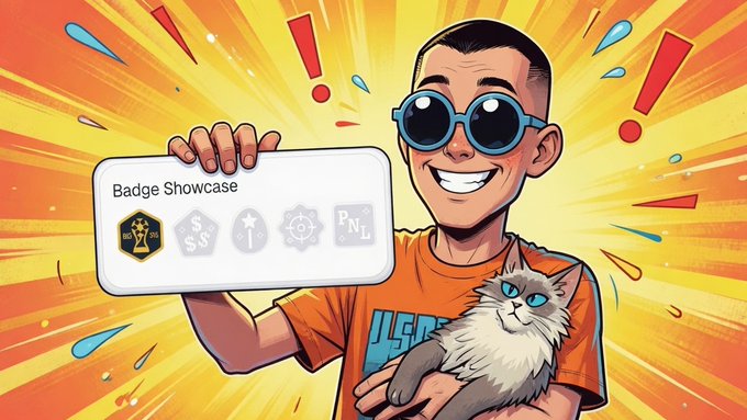 A cartoon illustration shows a smiling man in blue sunglasses and an orange shirt holding a cat and a 'Badge Showcase' board displaying various award icons against an explosive yellow background.