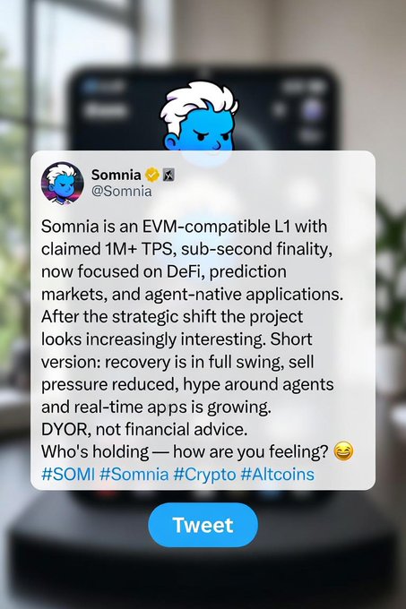 A promotional tweet from Somnia (@Somnia) describing it as an EVM-compatible L1 blockchain focused on DeFi and prediction markets, with hashtags #SOMI #Somnia #Crypto #Altcoins.