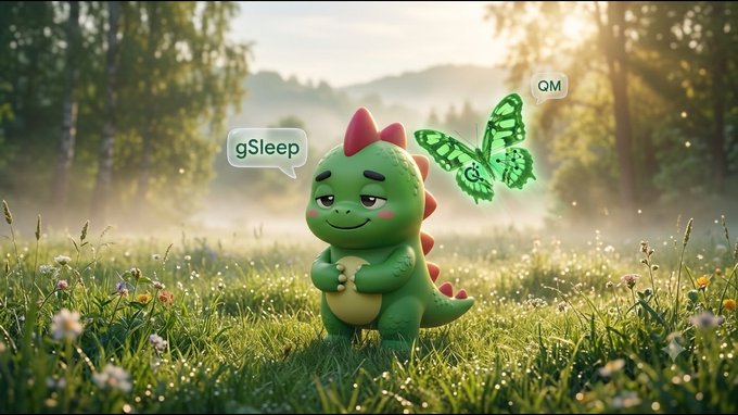 A digital illustration of a green cartoon dinosaur standing in a sunlit grassy field, with speech bubbles reading 'gSleep' and 'QM' appearing next to a green butterfly.