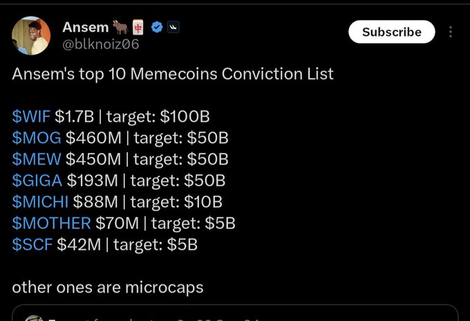 A tweet by Ansem (@blknoiz06) titled "Ansem's top 10 Memecoins Conviction List" listing memecoins with their current market caps and targets: $WIF ($1.7B → $100B), $MOG ($460M → $50B), $MEW ($450M → $50B), $GIGA ($193M → $50B), $MICHI ($88M → $10B), $MOTHER ($70M → $5B), and $SCF ($42M → $5B).