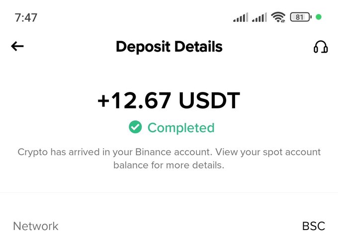 A mobile screenshot of a Binance 'Deposit Details' screen showing a completed deposit of +12.67 USDT via the BSC network.