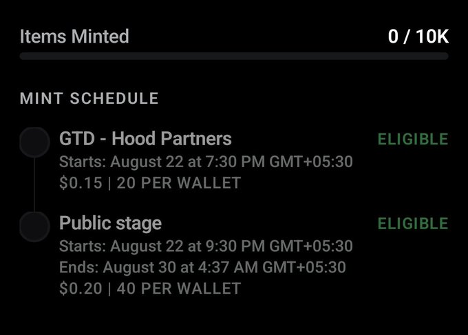An NFT mint schedule displays 'GTD - Hood Partners' and 'Public stage' phases, both marked ELIGIBLE, with minting starting on August 22 at $0.15 and $0.20.