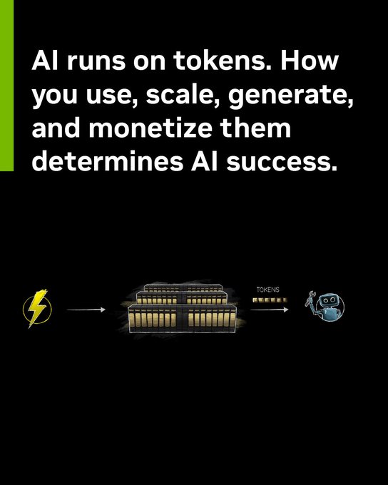The image features a bold statement on a black background reading, "AI runs on tokens. How you use, scale, generate, and monetize them determines AI success," alongside an illustration showing an electrical input flowing through server racks to output "TOKENS" to a robot icon. The visual reinforces the post's focus on the $AI token by illustrating the infrastructure and mechanics that drive AI's value through tokenization.
