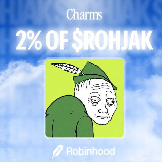 A Robinhood promotional graphic showing a 2% charm unlock of the $ROHJAK memecoin, featuring the classic Wojak soyjak character illustration.