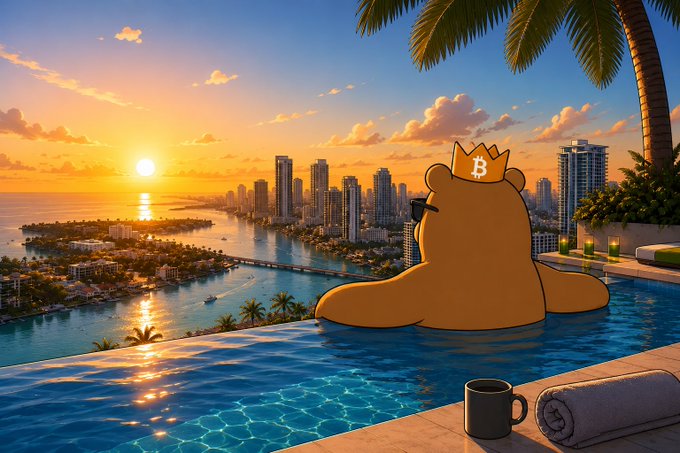 urn of coffee sits on a towel, overlooking a cityscape at sunset with palm trees and buildings in the background.