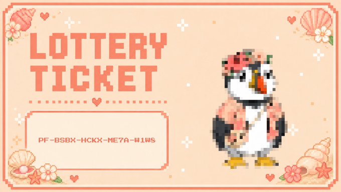 A pixel-art lottery ticket design featuring a puffin character surrounded by seashells and flowers displays the code "PF-BSBX-HCKX-ME7A-W1WS" on a coral-colored background, serving as a visual ticket for the puffins NFT collection drop mentioned in the post.