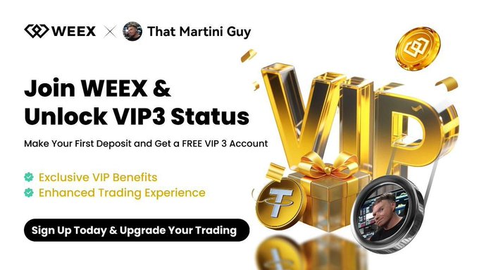 A promotional banner for a WEEX and "That Martini Guy" partnership offering new users a free VIP 3 account with their first deposit, featuring bold "VIP" 3D gold lettering alongside a gift box, a gold coin, and a circular photo of "That Martini Guy," with a call-to-action button reading "Sign Up Today & Upgrade Your Trading."