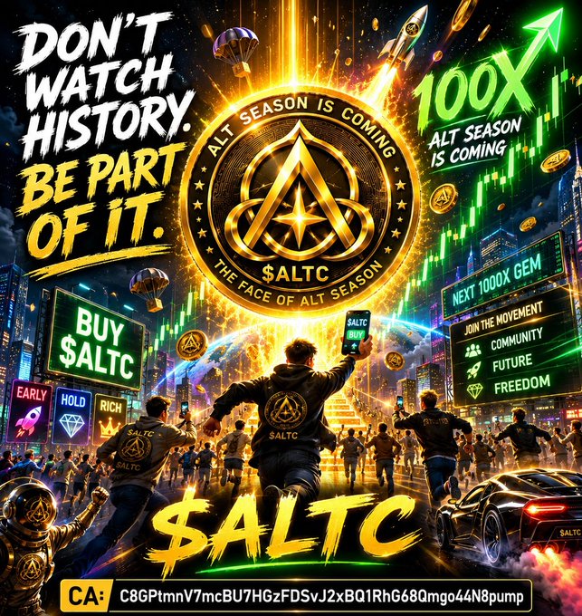 A bold crypto promotional graphic for $ALTC featuring a glowing golden emblem declaring "ALT SEASON IS COMING" and "THE FACE OF ALT SEASON," surrounded by imagery of rockets, rising charts, and a crowd running toward the future with slogans like "DON'T WATCH HISTORY. BE PART OF IT." and "100X — ALT SEASON IS COMING," alongside the contract address C8GPtmnV7mcBU7HGzFDSvJ2xBQ1RhG68Qmgo44N8pump, visually reinforcing the post's call to be early and join the next 100x movement.