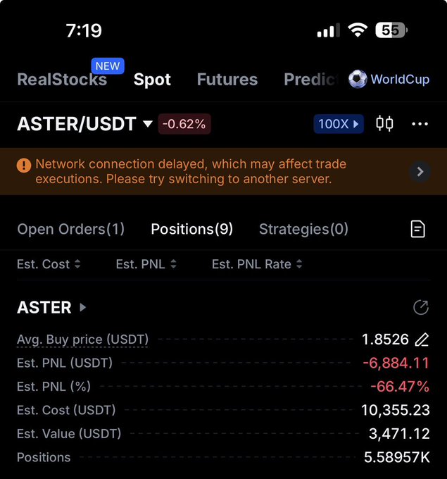 A cryptocurrency trading app screenshot showing a ASTER/USDT position with a -0.62% change, featuring a red warning about network connection delays, 9 open positions, and significant losses including an Est. PNL of -6,884.11 USDT (-66.47%) on 5.58957K units with an avg buy price of 1.8526 USDT.