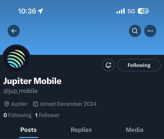 A screenshot of the X (formerly Twitter) profile page for **Jupiter Mobile (@jup_mobile)**, showing they joined in December 2024, are located on Jupiter, and have 0 Following and 1 Follower. The user is showcasing the profile to question whether they were early enough in following the account.