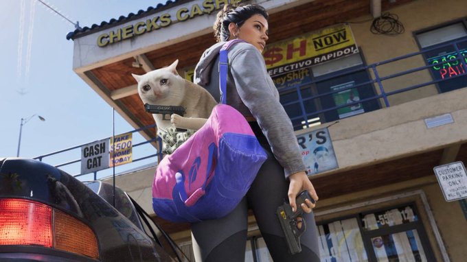 The image, from a GTA-style video game, shows a woman holding a pistol with a cat peeking out of her pink and purple backpack, standing near storefronts with visible signs reading "CHECKS CASHED" and "CASH NOW" — playfully bringing the "Cash Cat" reference to life in a GTA-inspired setting.