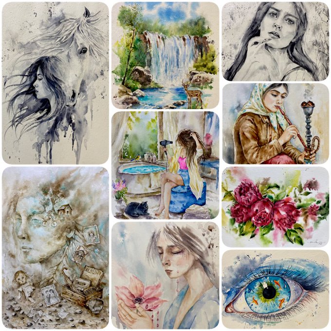 This image displays a grid of nine watercolor artworks featuring diverse subjects, including a horse-woman hybrid, a waterfall, a woman smoking, a bathroom scene, a musician, flowers, a surreal face with "MONDAY" visible on a crate, a woman smelling a flower, and an eye containing fish.