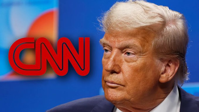 A close-up of Donald Trump with the CNN logo overlaid on a blue background.