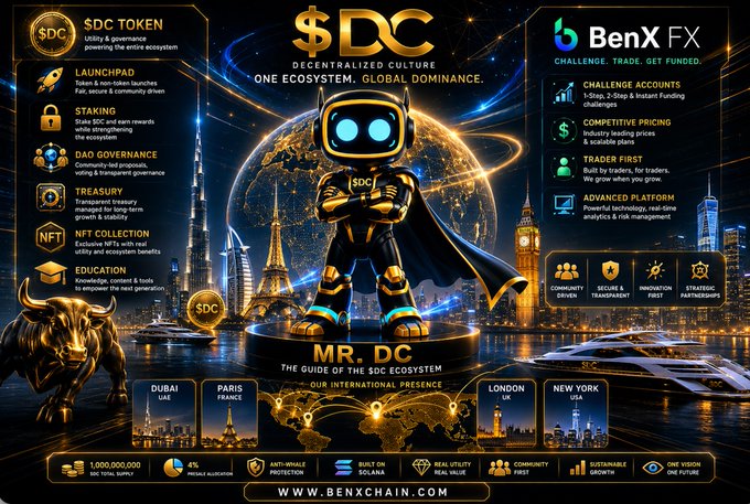 Promotional infographic for the $DC token and BenX FX platform, featuring a robot mascot called 'Mr. DC' with features including Launchpad, Staking, NFT Collection, and presence in Dubai, Paris, London, and New York. Website: benxchain.com.