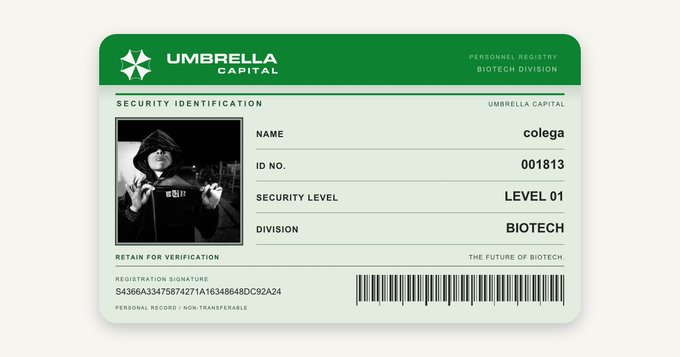 A Resident Evil-themed Umbrella Capital Biotech Division security ID card for 'colega' with Level 01 clearance, displaying a photo of a person in a hoodie.