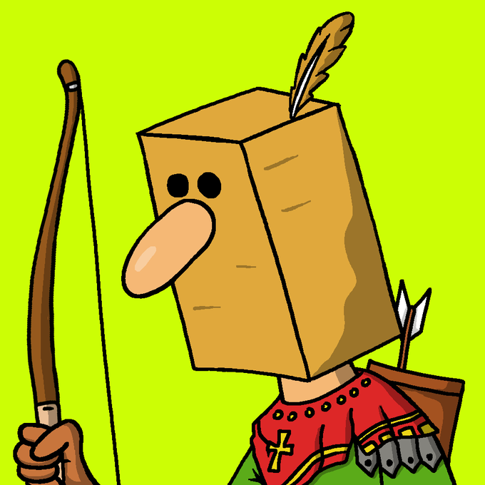 A cartoon illustration of a character with a brown paper bag over their head, featuring a long nose, black dot eyes, a feather sticking out, and holding a bow, wearing a red medieval-style tunic with a cross necklace and a quiver of arrows.