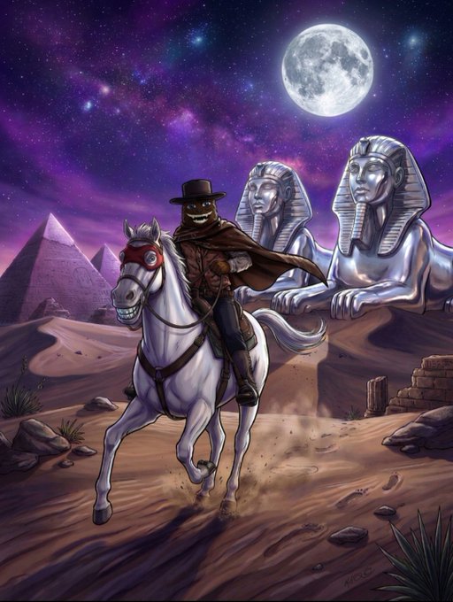 A masked rider gallops on a white horse through a desert beneath a full moon, with giant sphinx statues and pyramids towering in the background, visually capturing the post's theme of an inevitable "horse run" for HIYO on the XRPL.
