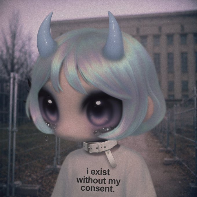 This image depicts a character with blue horns and a distressed expression, wearing a shirt that says "i exist without my consent," likely related to a matter on Opensea concerning their verification.