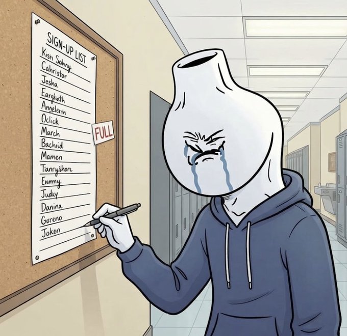 A tearful cartoon character with a milk jug for a head signs their name at the bottom of a school hallway "SIGN-UP LIST" pinned to a corkboard marked "FULL," with names like "Kven Sohnny," "Cahriston," and "Tanryshore" already filling the roster—visually illustrating the post's warning about whitelist spots vanishing quickly, demand outstripping supply, and FCFS being 3x overallocated for the upcoming launchpad reveal.