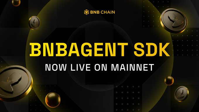The image features a banner for an event related to Bitcoin called "BNB AgentSDK Now Live On Mainnet". The banner has a black background with gold text that reads "BNB AgentSDK" and "Now Live On Mainnet". There are also some coins scattered around the banner, adding visual interest. The main focus of the image is on the event itself, highlighting its purpose and attracting attention to it.