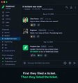 A screenshot of a group chat titled "It started with scam" showing messages about a ticket being sold, with a final message at the bottom reading, "First they find a ticket. Then they hand me ticket."