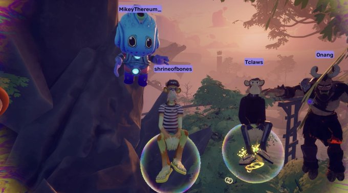 A video game scene shows four player avatars labeled 'MikeyThereum_', 'shrineofbones', 'Tclaws', and 'Onang' standing on circular platforms in a fantasy landscape.