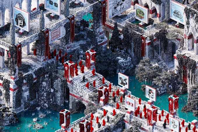 An isometric digital illustration depicts a snowy ancient ruin or temple complex with red pillars, banners featuring faces, and teal water running through it.