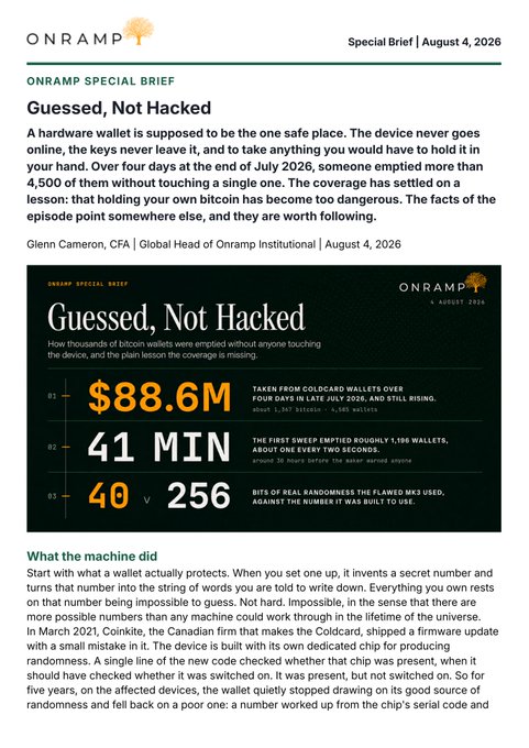 An ONRAMP Special Brief from August 4, 2026, titled 'Guessed, Not Hacked,' discussing the exposure of over 4,500 bitcoin wallets due to a hardware flaw.