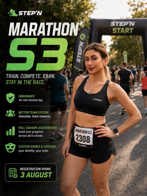 Promotional poster for the STEP'N 'Marathon S3' virtual race event, featuring a female runner and highlighting registration opening on 3 August.