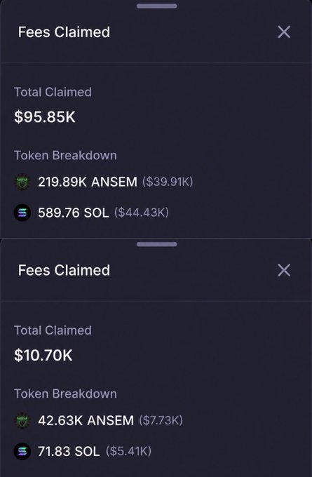 The image shows two "Fees Claimed" panels displaying token breakdowns of ANSEM and SOL holdings, with totals of $95.85K and $10.70K respectively. This appears to relate to the post by highlighting significant ANSEM token claim fees, suggesting the user is referencing whoever is claiming large amounts of $ANSEM tokens.