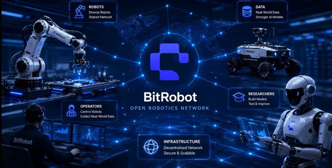 Promotional graphic for BitRobot, an Open Robotics Network featuring robots, operators, data, researchers, and infrastructure components connected around a central logo.