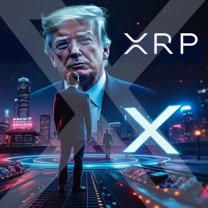 A digital art poster shows a man in a suit standing before a glowing "XRP" logo and stylized "X" against a futuristic cityscape, with another man in a suit visible from behind facing the scene. The bold "XRP" branding visually reinforces the post's bullish claim that XRP will overtake Ethereum ($ETH) in market position.