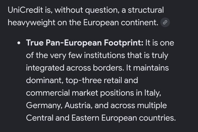 A text excerpt describing UniCredit as a 'structural heavyweight on the European continent' with a 'True Pan-European Footprint' across Italy, Germany, Austria, and Eastern Europe.