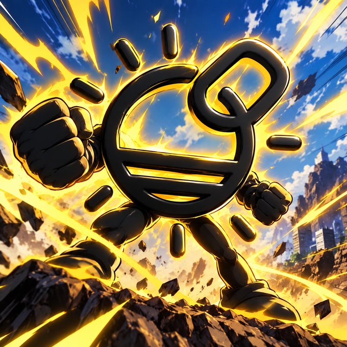 An anime-style illustration depicts a powerful, anthropomorphic currency symbol character with fists raised, surrounded by glowing yellow energy and floating gold pieces against a blue sky.