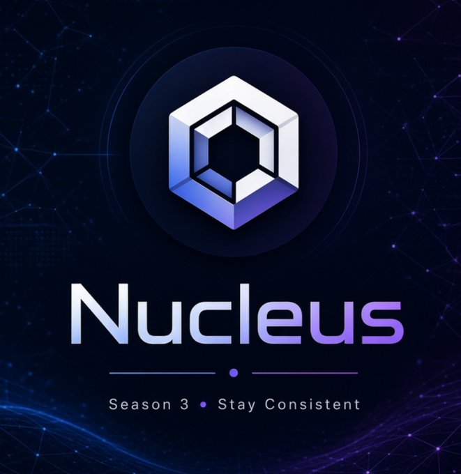A promotional graphic for 'Nucleus - Season 3 - Stay Consistent' featuring a 3D hexagonal logo on a dark blue background with network patterns.