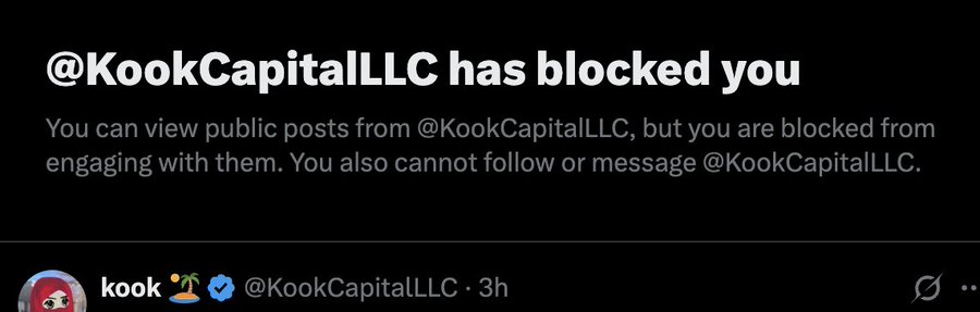 A Twitter screenshot shows that @KookCapitalLLC has blocked the user, with the post below accusing Kook of hypocrisy for shilling $FEFER to followers while secretly dumping his position, then criticizing the token once his sell-off was complete.
