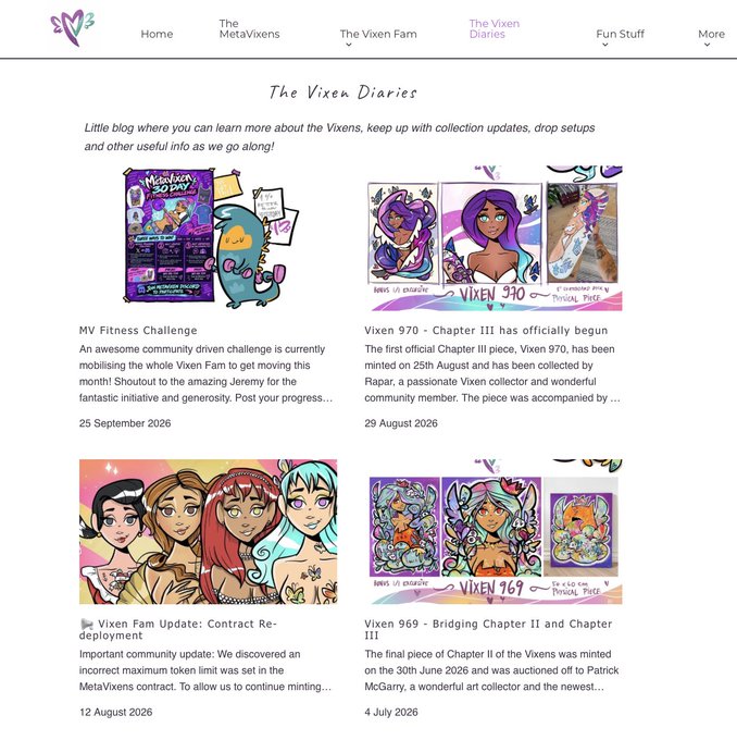 A webpage titled 'The Vixen Diaries' featuring a header with navigation (Home, The MetaVixens, The Vixen Fam, The Vixen Diaries, Fun Stuff, More) and four blog posts including 'MV Fitness Challenge' (25 September 2026), 'Vixen 970 - Chapter III has officially begun' (29 August 2026), 'Vixen Fam Update: Contract Re-deployment' (12 August 2026), and 'Vixen 969 - Bridging Chapter II and Chapter III' (4 July 2026).