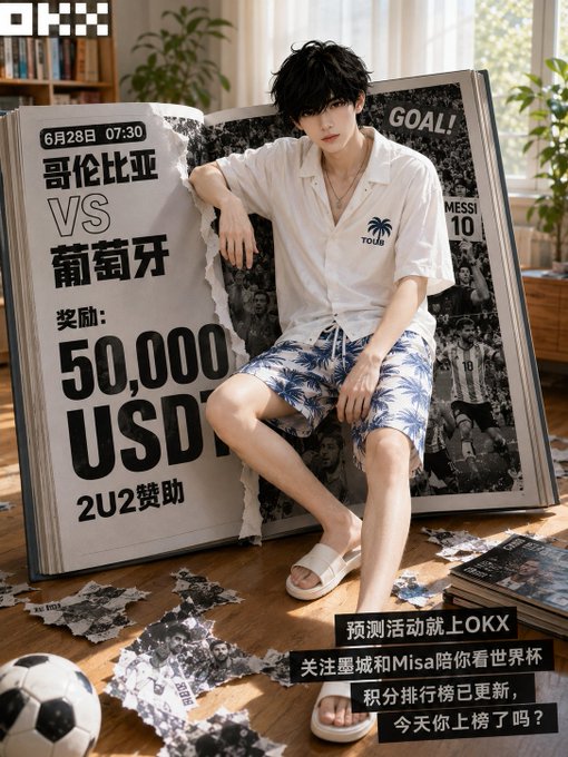 The image shows a young man with dark hair wearing a white shirt and tropical-print shorts, sitting inside a giant open book displaying a World Cup match promotion between Colombia and Portugal on June 28 at 7:30, with a "50,000 USD" reward and "GOAL! MESSI 10" visible on the pages, while OKX branding and Chinese text promote prediction activities for the World Cup. The accompanying post encourages betting on knockout stage draws and promotes OKX as the betting platform, tying directly to the World Cup-themed promotional image.