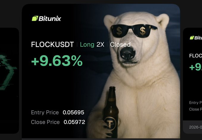 Bitunix trading platform card showing a closed long position on FLOCKUSDT with a +9.63% gain, featuring a polar bear wearing dollar-sign sunglasses holding a bottle.