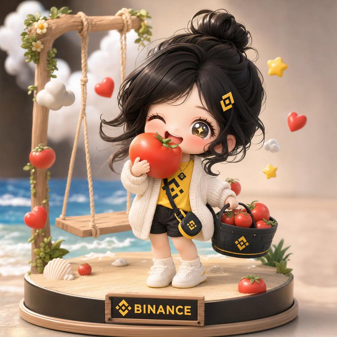 The image features a small girl holding an apple, surrounded by various fruits such as tomatoes and bananas. The girl appears to be eating the apple while standing near a swing set with a potted plant nearby. The scene also includes a sign that reads "binance" in the background.